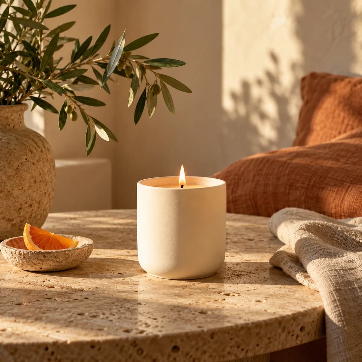 A glowing candle in warm afternoon light